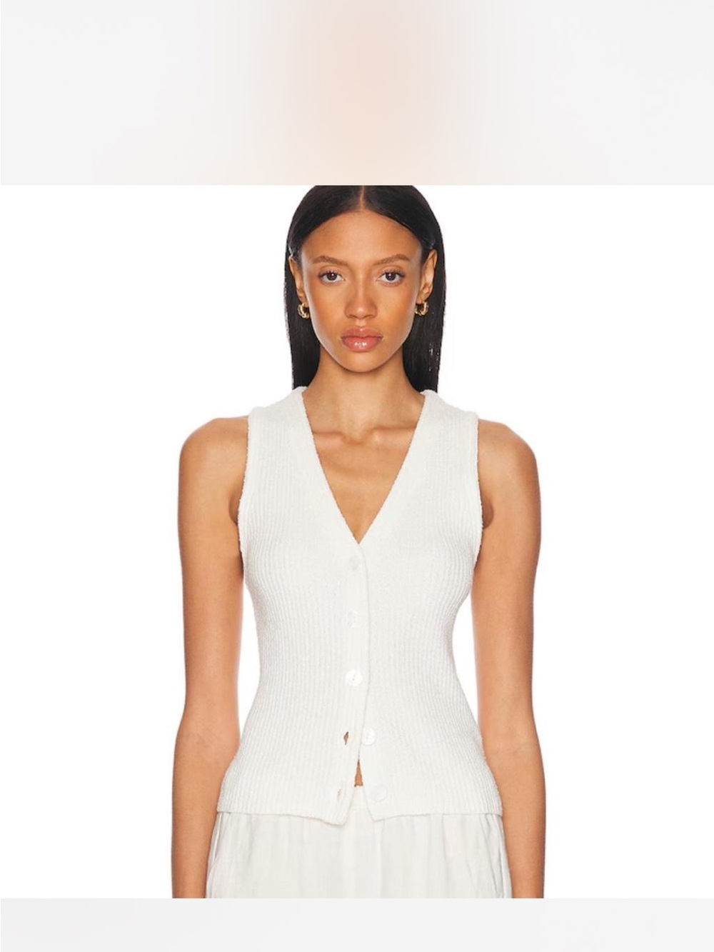Enza Costa White Ribbed V-Neck Boucle Knit Top